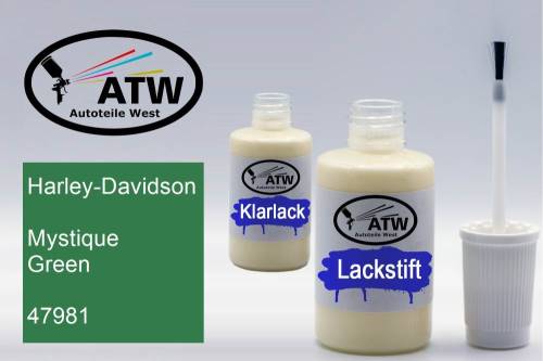 Harley-Davidson, Mystique Green, 47981: 20ml Lackstift + 20ml Klarlack - Set, von ATW Autoteile West.